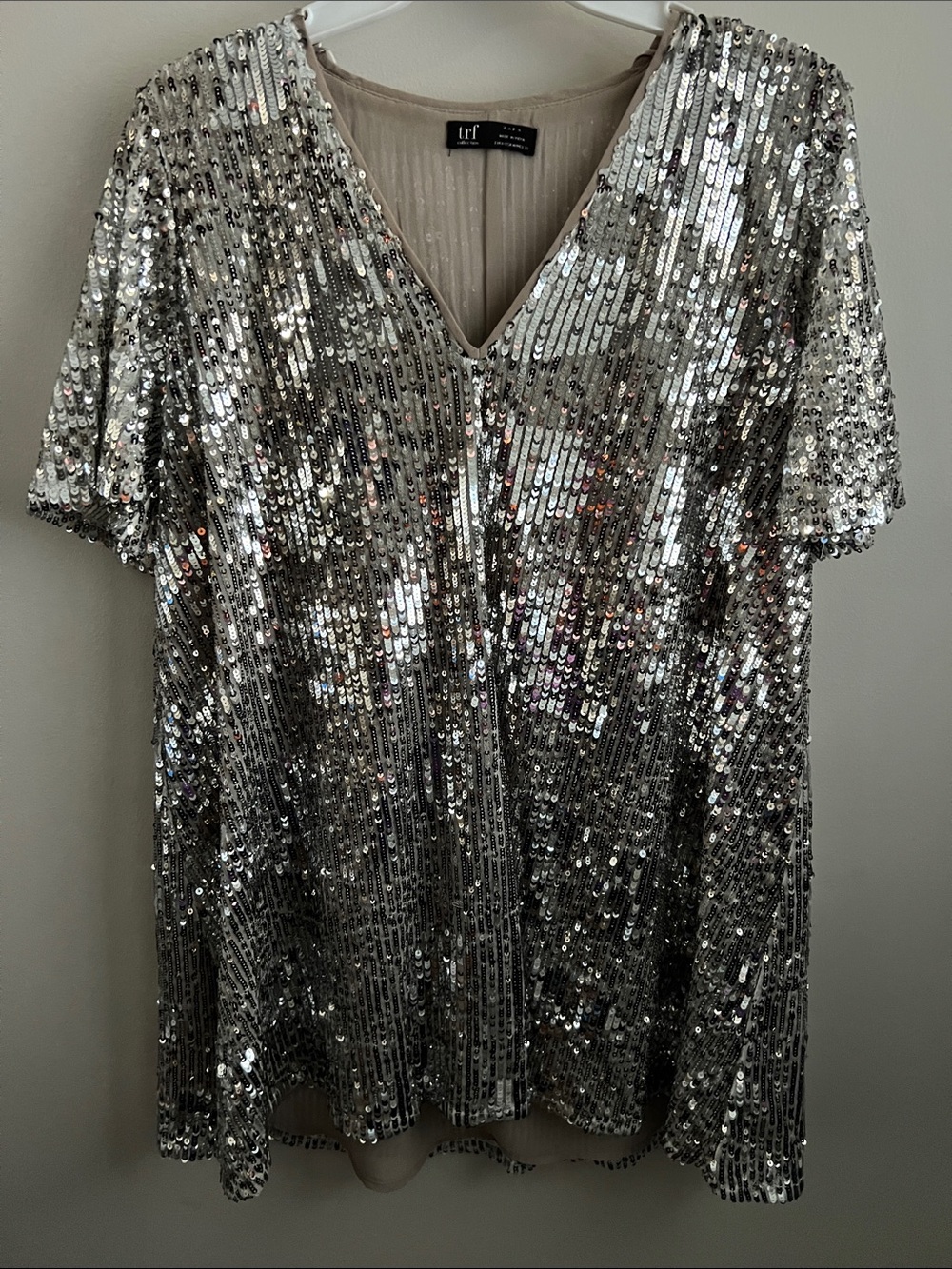 Zara Silver Sequin V‑Neck Tunic Top